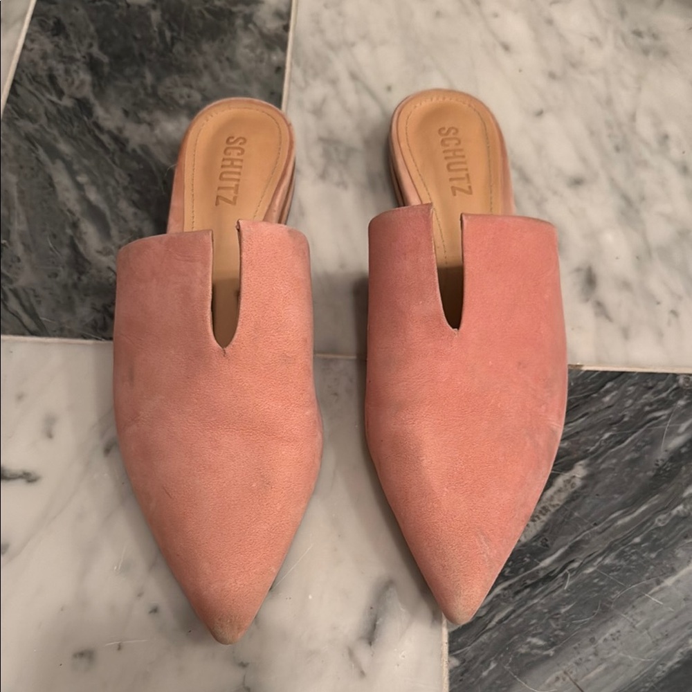 SCHUTZ Pink Suede Mules with V-Cut Design